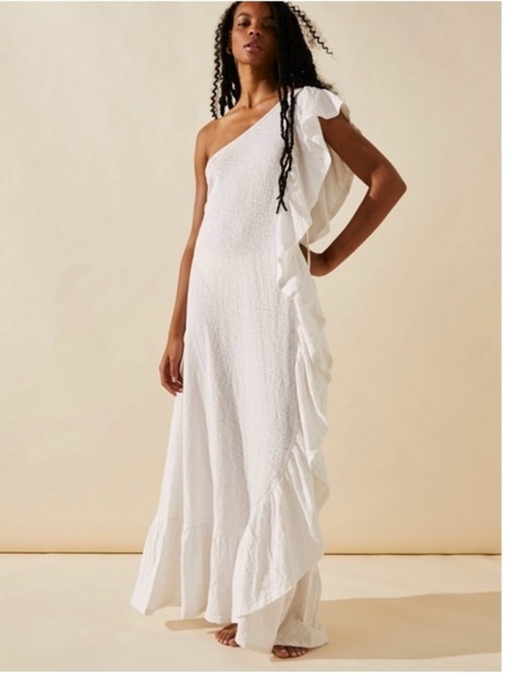 Free people- Elisa -One-Shoulder White Ruffle Maxi Dress